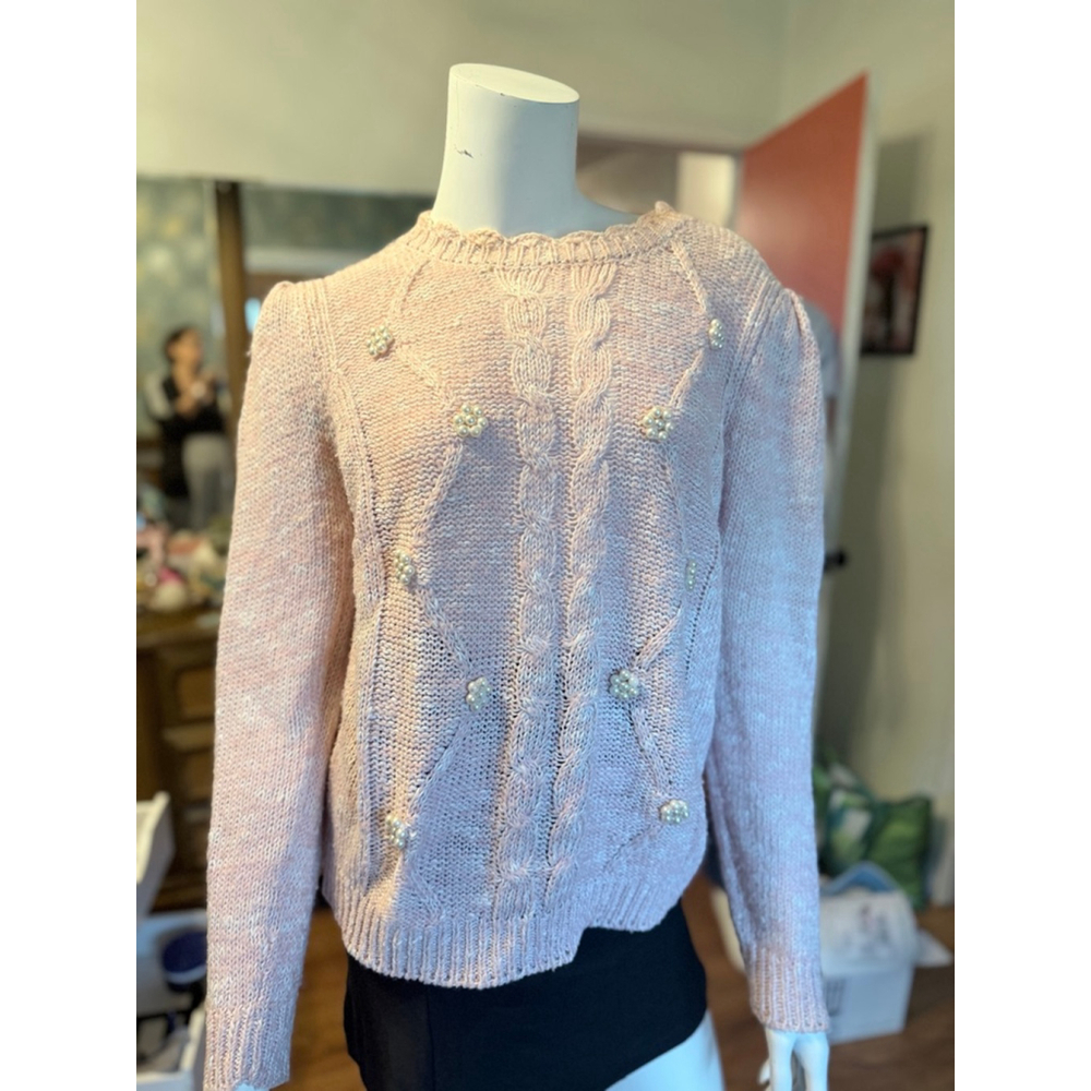 Vintage Ashley S. Pink & White Cable Knit Crew Neck Sweater M